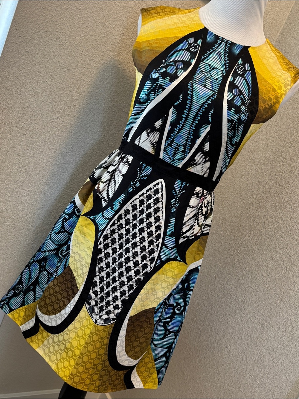 Peter Pilotto USA 6 Yellow, Blue, Black Graphic Silk Dress